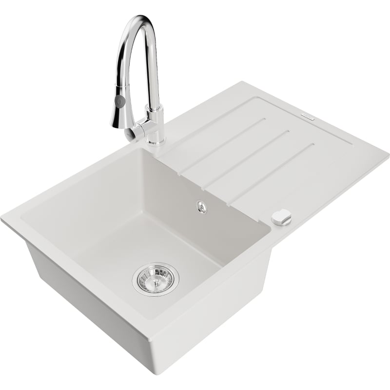 Mexen Bruno granite single-bowl sink with drainer and Elia kitchen faucet, white - 6513-20-670101-00