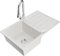 Mexen Bruno 1-bowl granite kitchen sink with drainer and Elia kitchen faucet, white - 6513-20-670101-00