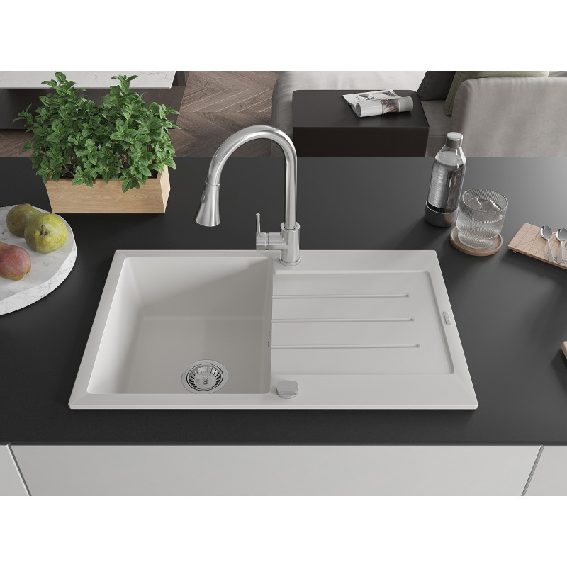 Mexen Bruno granite single-bowl sink with drainer and Elia kitchen faucet, white - 6513-20-670101-00
