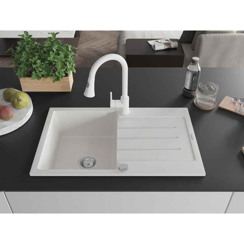 Mexen Bruno 1-Bowl Granite Kitchen Sink with Drainer and Elia Faucet, White - 6513-20-670101-20