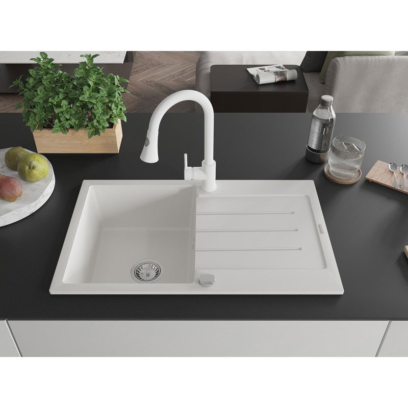 Mexen Bruno granite sink 1-bowl with drainer and Elia kitchen tap, white - 6513-20-670101-20
