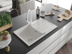 Mexen Bruno single-bowl granite sink with drainer and Elia kitchen faucet, white - 6513-20-670101-20