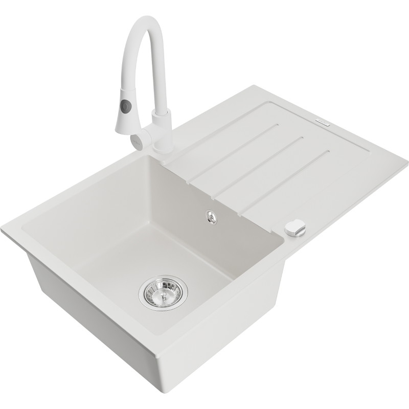 Mexen Bruno single-bowl granite sink with drainer and Elia kitchen faucet, white - 6513-20-670101-20