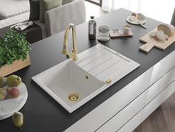 Mexen Bruno 1-compartment granite sink with a drip tray and kitchen mixer tap Elia, White - 6513-20-670101-50