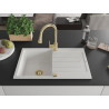 Mexen Bruno granite kitchen sink 1-bowl with drainer and Elia kitchen faucet, white - 6513-20-670101-50