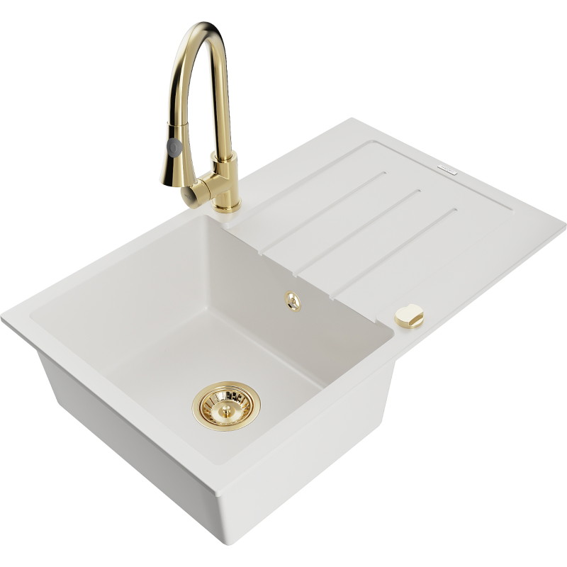 Mexen Bruno 1-bowl granite sink with drainer and Elia kitchen faucet, white - 6513-20-670101-50