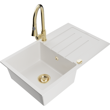 Mexen Bruno 1-compartment granite sink with a drip tray and kitchen mixer tap Elia, White - 6513-20-670101-50