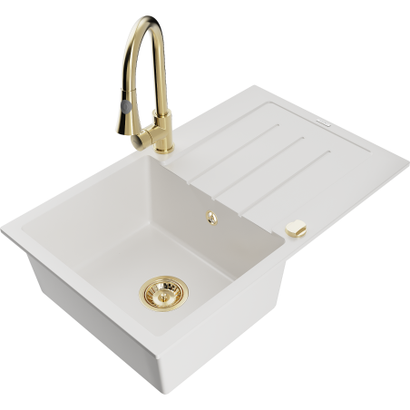 Mexen Bruno granite kitchen sink 1-bowl with drainer and Elia kitchen faucet, white - 6513-20-670101-50