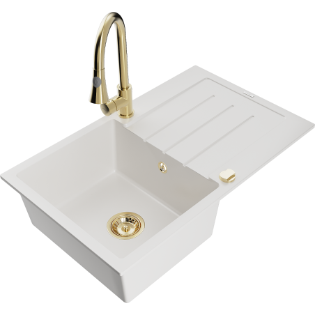 Mexen Bruno granite sink 1-bowl with drainer and Elia kitchen tap, white - 6513-20-670101-50