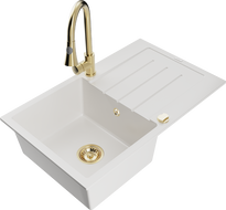 Mexen Bruno 1-bowl granite sink with drainer and Elia kitchen faucet, white - 6513-20-670101-50