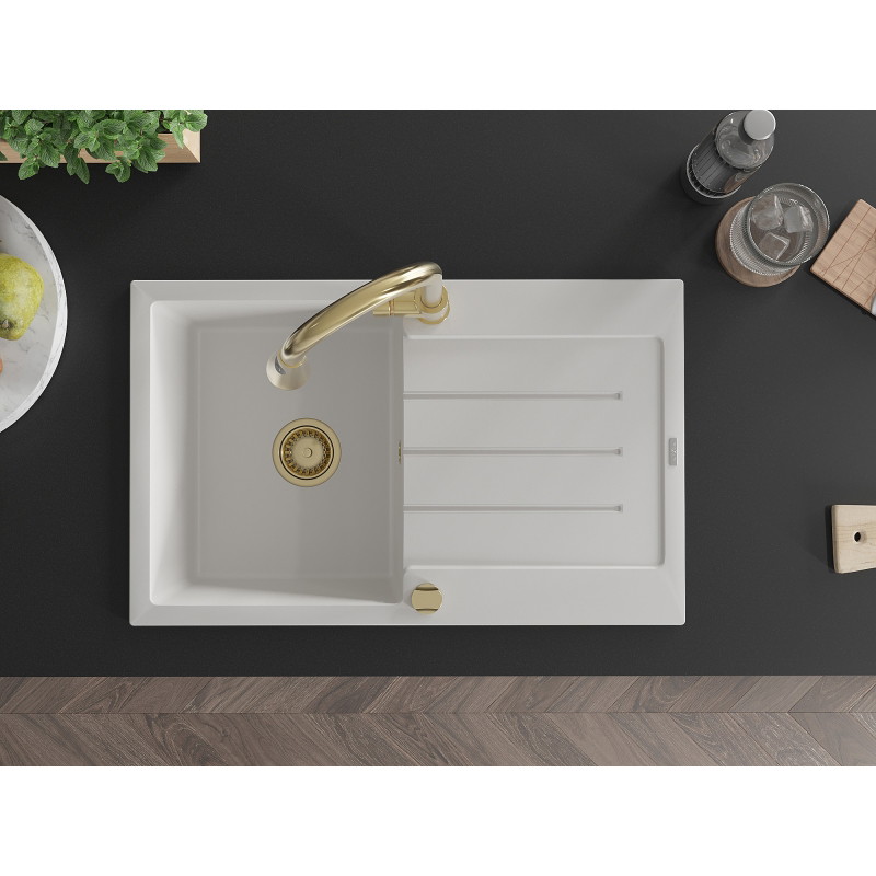 Mexen Bruno granite kitchen sink 1-bowl with drainer and Elia kitchen faucet, white - 6513-20-670101-50