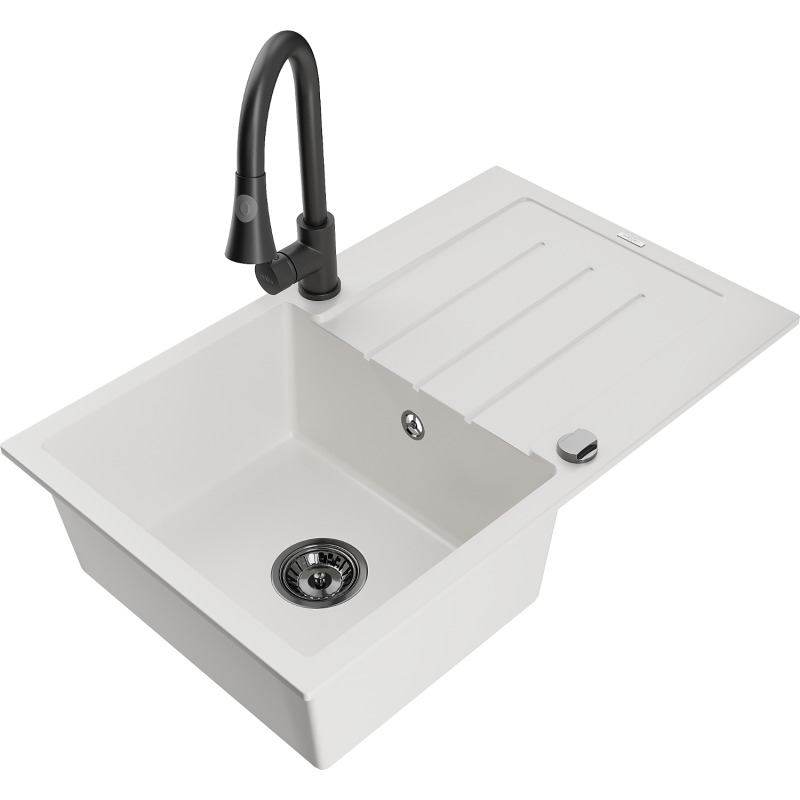 Mexen Bruno 1-compartment granite sink with a drip tray and kitchen mixer tap Elia, White - 6513-20-670101-70