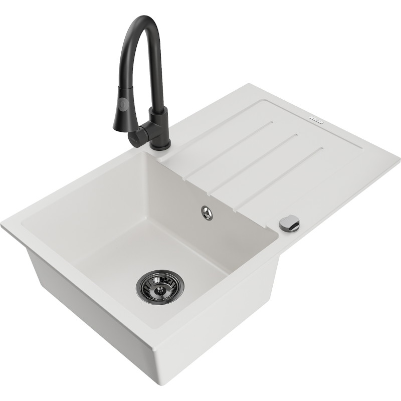 Mexen Bruno granite kitchen sink single-basin with drainer and kitchen faucet Elia, white - 6513-20-670101-70