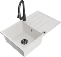 Mexen Bruno 1-bowl granite sink with drainer and Elia kitchen faucet, white - 6513-20-670101-70