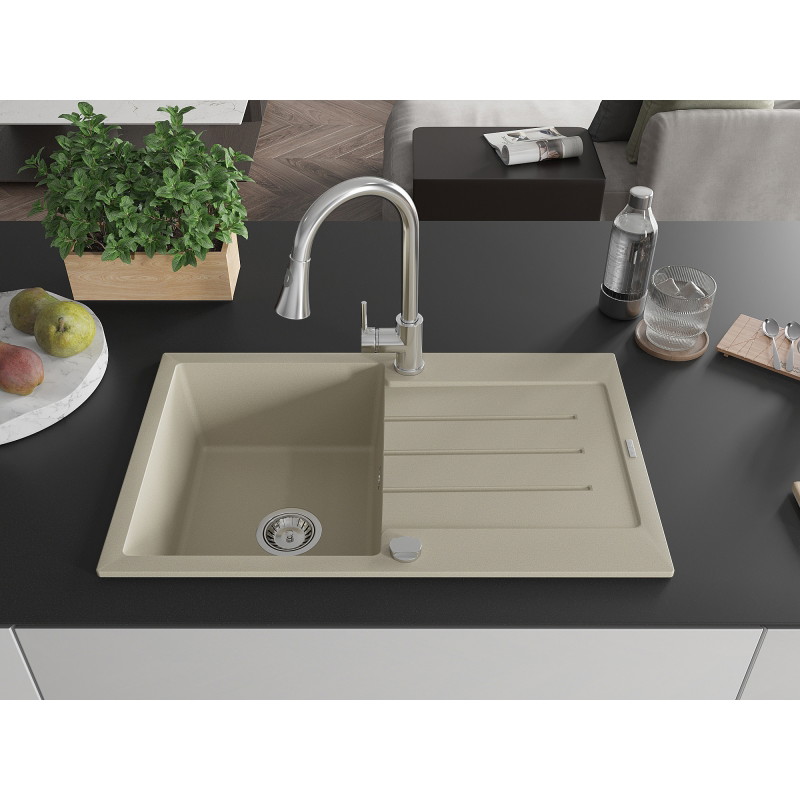 Mexen Bruno 1-bowl granite sink with drainer and Elia kitchen faucet, beige - 6513-69-670101-00