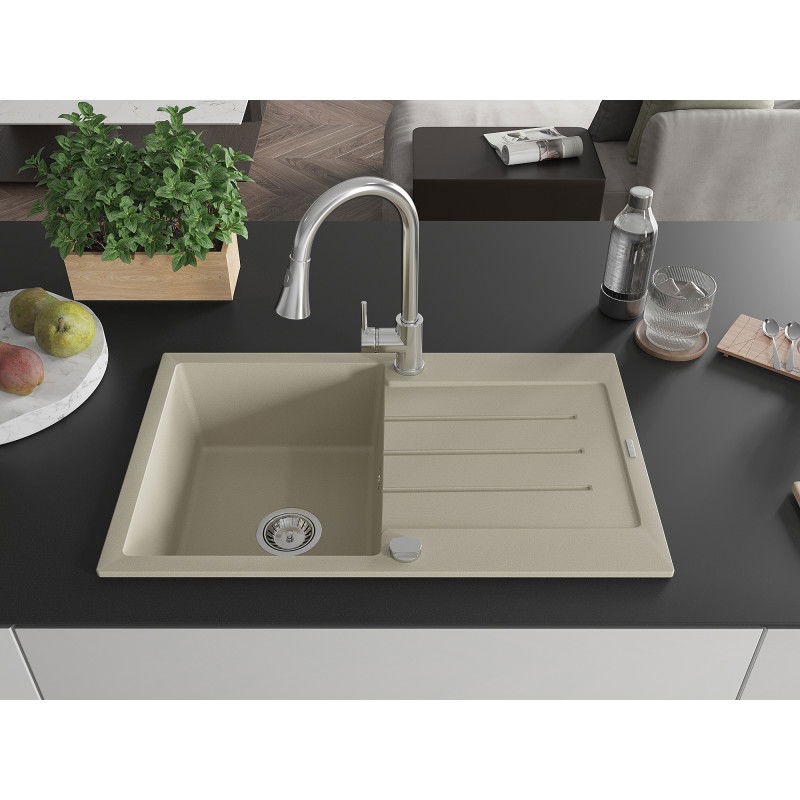 Mexen Bruno single-bowl granite sink with drainer and Elia kitchen tap, beige - 6513-69-670101-00