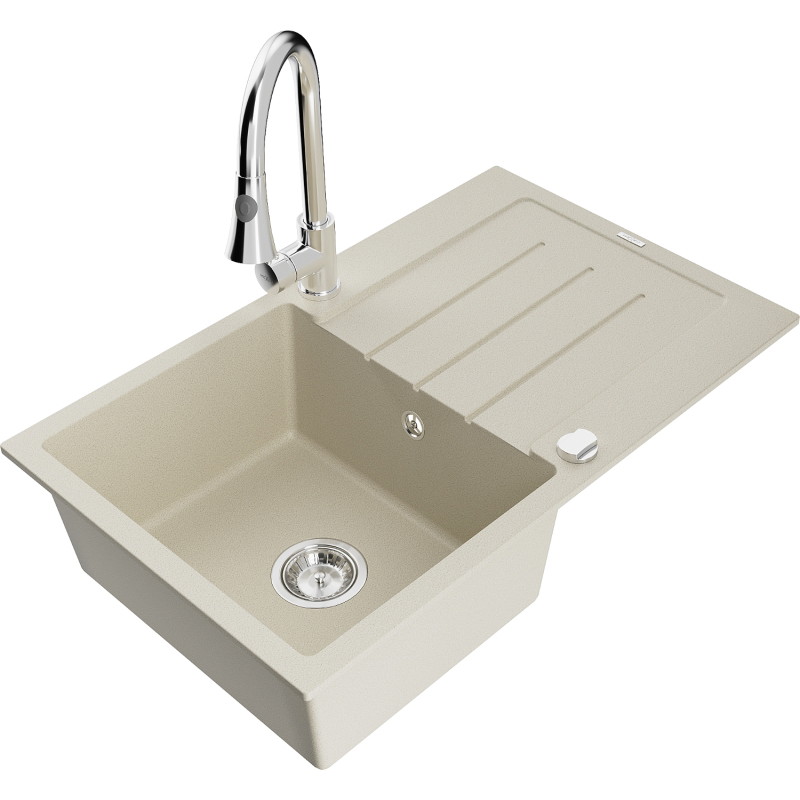 Mexen Bruno 1-bowl granite sink with drainer and Elia kitchen faucet, beige - 6513-69-670101-00