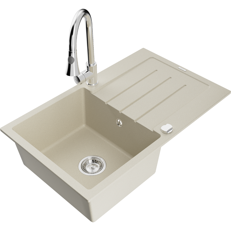 Mexen Bruno single-bowl granite sink with drainer and Elia kitchen tap, beige - 6513-69-670101-00