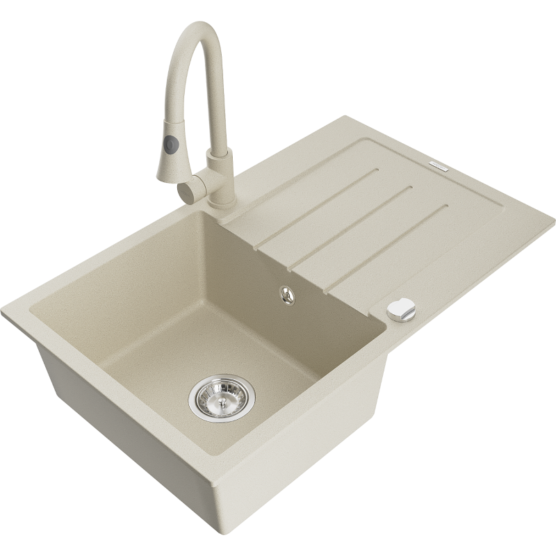 Mexen Bruno 1-Bowl Granite Kitchen Sink with Drainer and Elia Tap, Beige - 6513-69-670101-69