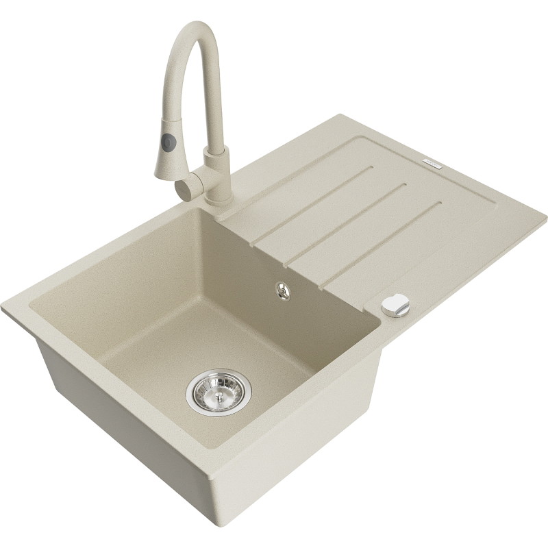Mexen Bruno granite kitchen sink 1-bowl with drainer and Elia kitchen tap, beige - 6513-69-670101-69