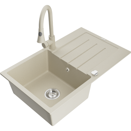 Mexen Bruno 1-Bowl Granite Kitchen Sink with Drainer and Elia Tap, Beige - 6513-69-670101-69