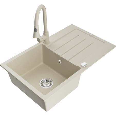 Mexen Bruno 1-compartment granite sink with a drip tray and kitchen mixer tap Elia, Beige - 6513-69-670101-69