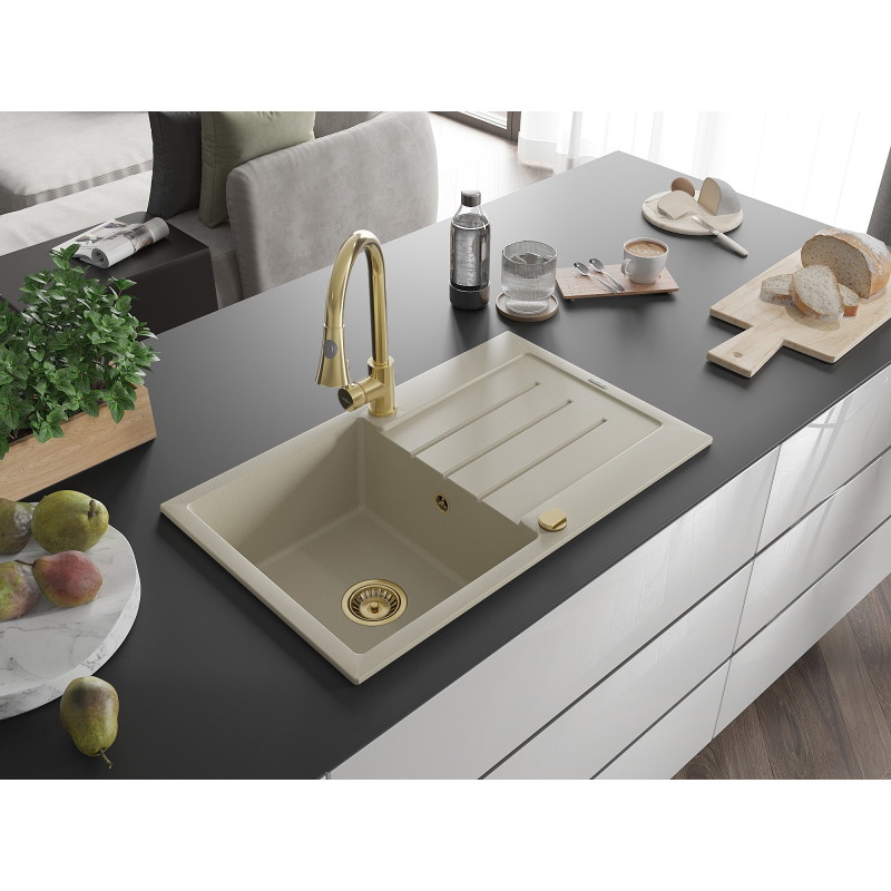 Mexen Bruno granite kitchen sink 1-bowl with drainer and kitchen faucet Elia, beige - 6513-69-670101-50