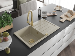 Mexen Bruno 1-compartment granite sink with a drip tray and kitchen mixer tap Elia, Beige - 6513-69-670101-50