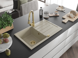 Mexen Bruno granite kitchen sink 1-bowl with drainer and kitchen faucet Elia, beige - 6513-69-670101-50