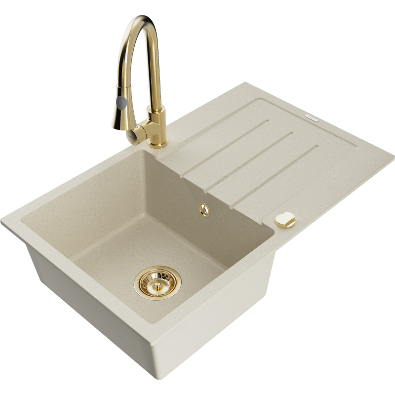 Mexen Bruno 1-bowl granite sink with drainer and Elia kitchen tap, beige - 6513-69-670101-50