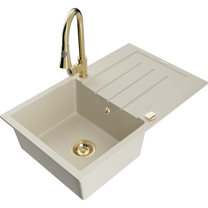 Mexen Bruno granite kitchen sink 1-bowl with drainer and kitchen faucet Elia, beige - 6513-69-670101-50