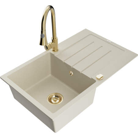 Mexen Bruno 1-bowl granite sink with drainer and Elia kitchen tap, beige - 6513-69-670101-50