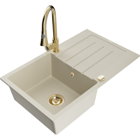 Mexen Bruno 1-compartment granite sink with a drip tray and kitchen mixer tap Elia, Beige - 6513-69-670101-50