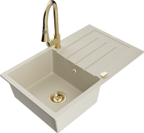 Mexen Bruno 1-compartment granite sink with a drip tray and kitchen mixer tap Elia, Beige - 6513-69-670101-50
