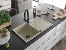 Mexen Bruno 1-bowl granite sink with drainer and Elia kitchen faucet, beige - 6513-69-670101-70