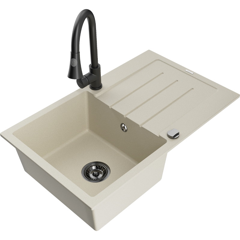 Mexen Bruno 1-bowl granite sink with drainer and kitchen faucet Elia, beige - 6513-69-670101-70
