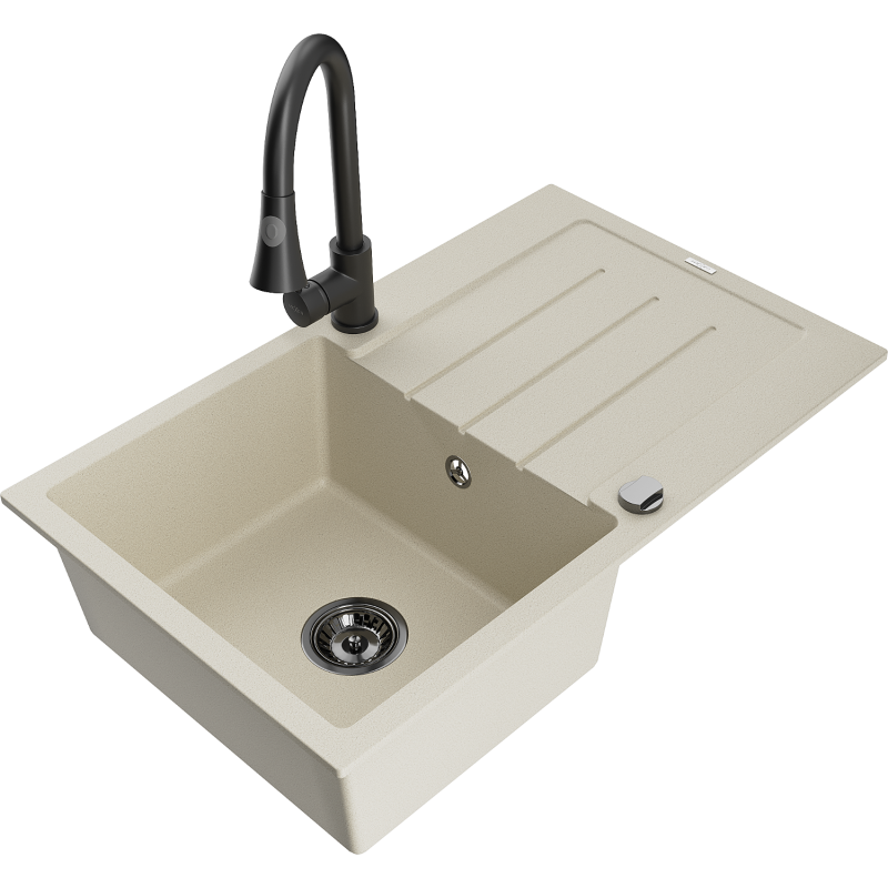 Mexen Bruno granite sink 1-bowl with drainer and Elia kitchen tap, beige - 6513-69-670101-70