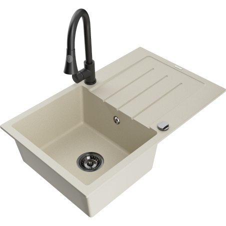 Mexen Bruno 1-compartment granite sink with a drip tray and kitchen mixer tap Elia, Beige - 6513-69-670101-70