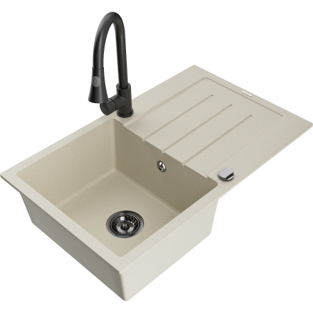 Mexen Bruno granite sink 1-bowl with drainer and Elia kitchen tap, beige - 6513-69-670101-70