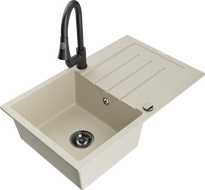 Mexen Bruno 1-bowl granite sink with drainer and Elia kitchen faucet, beige - 6513-69-670101-70