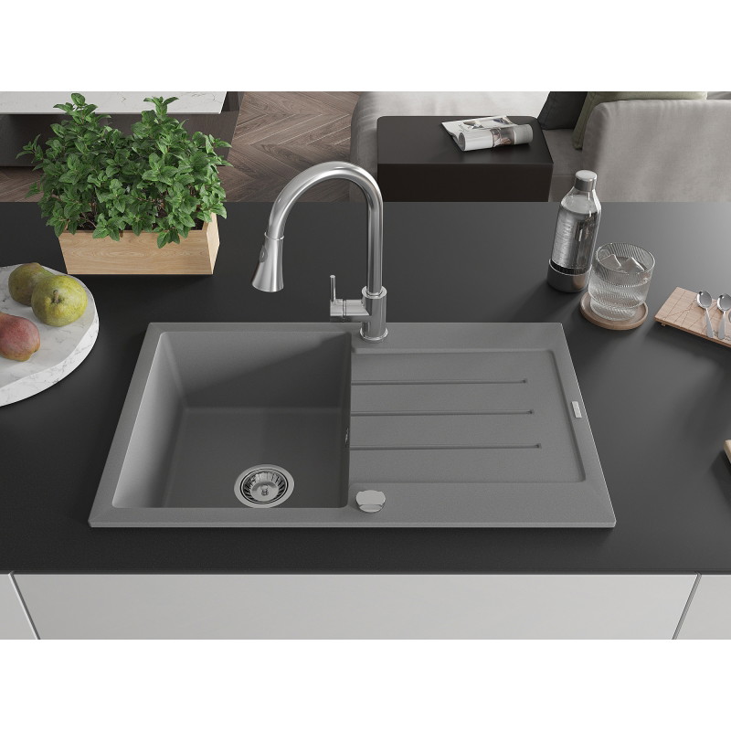 Mexen Bruno granite kitchen sink 1-bowl with drainer and kitchen faucet Elia, gray - 6513-71-670101-00