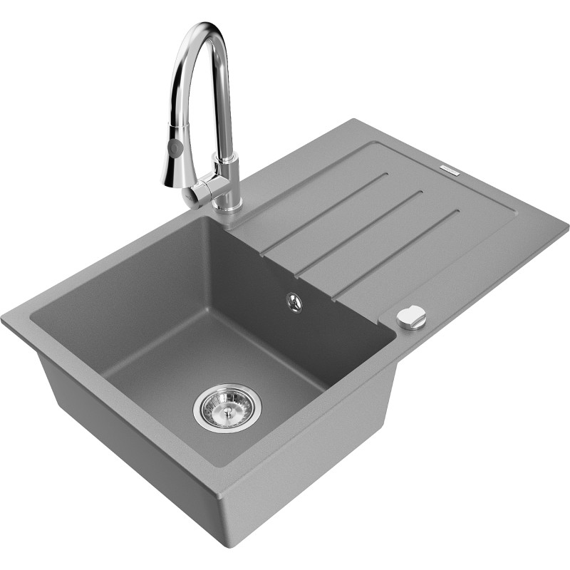 Mexen Bruno granite kitchen sink 1-bowl with drainer and kitchen faucet Elia, gray - 6513-71-670101-00