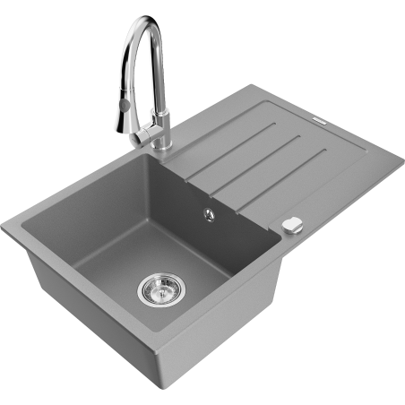 Mexen Bruno 1-bowl granite kitchen sink with drainer and Elia kitchen tap, grey - 6513-71-670101-00