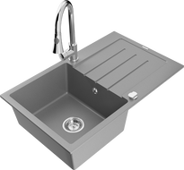 Mexen Bruno 1-bowl granite kitchen sink with drainer and Elia kitchen tap, grey - 6513-71-670101-00