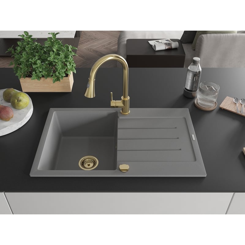 Mexen Bruno granite 1-bowl sink with drainer and Elia kitchen faucet, gray - 6513-71-670101-50
