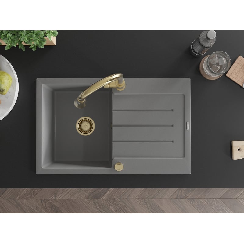 Mexen Bruno 1-bowl granite sink with drainer and kitchen faucet Elia, gray - 6513-71-670101-50