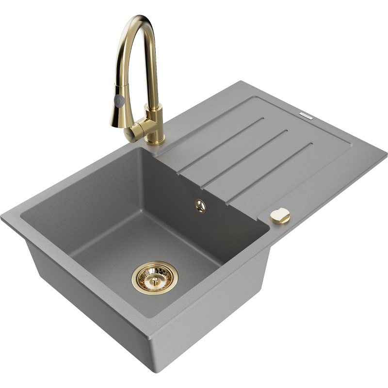 Mexen Bruno 1-bowl granite sink with drainer and Elia kitchen tap, grey - 6513-71-670101-50