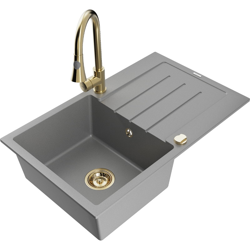 Mexen Bruno granite 1-bowl sink with drainer and Elia kitchen faucet, gray - 6513-71-670101-50