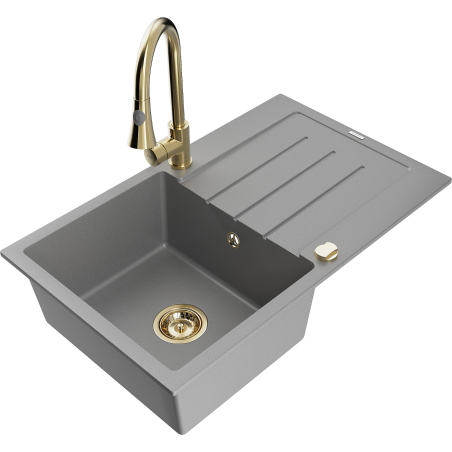 Mexen Bruno 1-bowl granite sink with drainer and kitchen faucet Elia, gray - 6513-71-670101-50