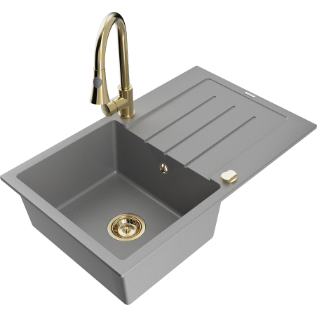Mexen Bruno 1-compartment granite sink with a drip tray and kitchen mixer tap Elia, Grey - 6513-71-670101-50